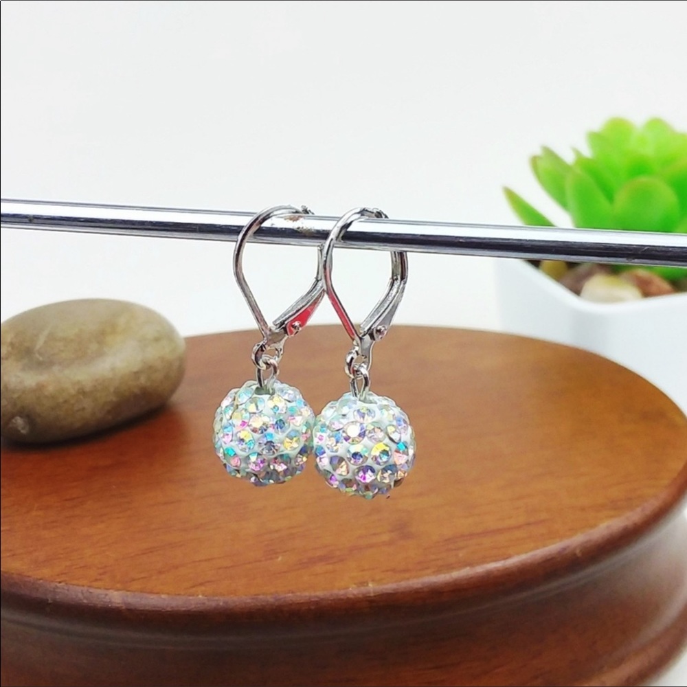 Iridescent Rhinestone Bead Silver Tone Earrings
